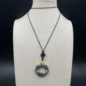 Cloisonné Enamel Floral Donut Pendant Necklace Knotted Cord Butterfly Blue Green